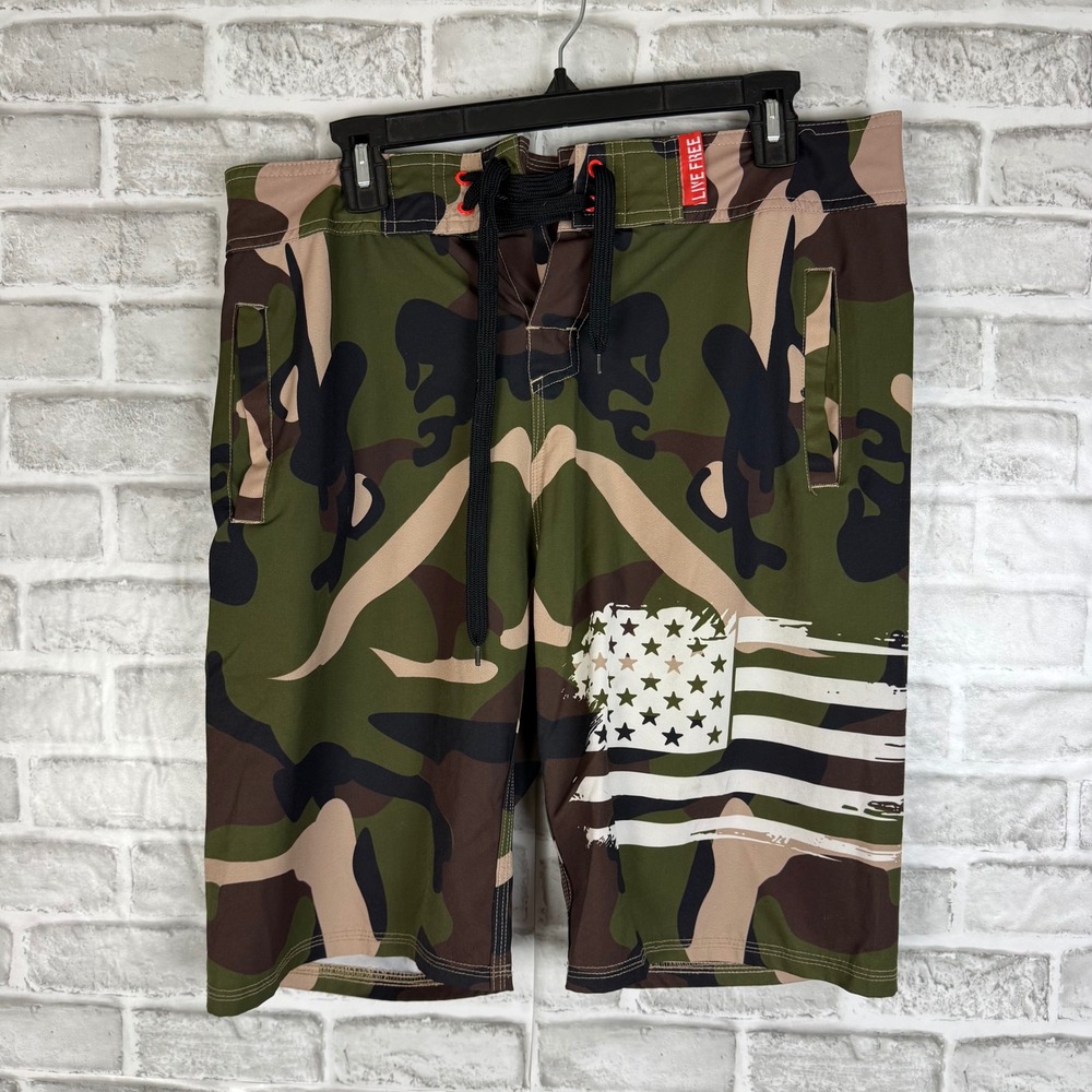 Freedom Industries Men Camo American Flag Board Shorts Swim Trunks Green Size 32